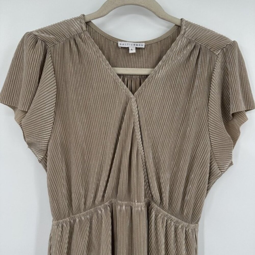 Baltic Born Maxi Dress Womens Large Champagne Pleated Flutter Sleeve V Neck - Picture 2 of 15